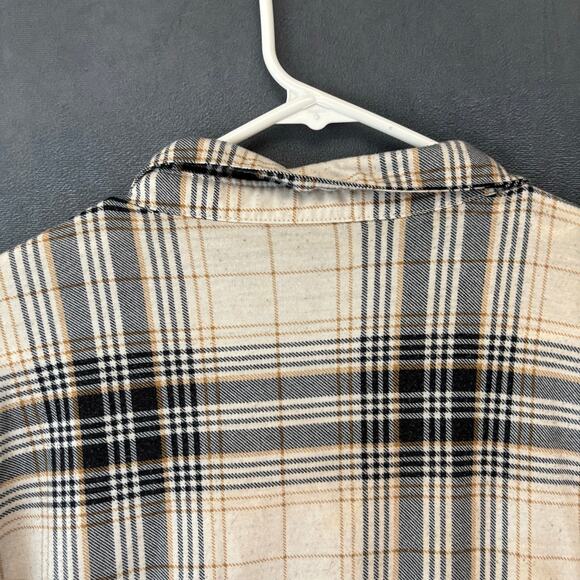 Plaid Flannel Button Up Shirt Beige Black Check 1X Plus Size Preppy Skate Casual - Picture 11 of 12